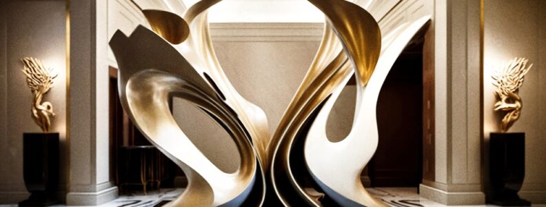 An elegant modern abstract sculpture at the entrance of a luxury hotel